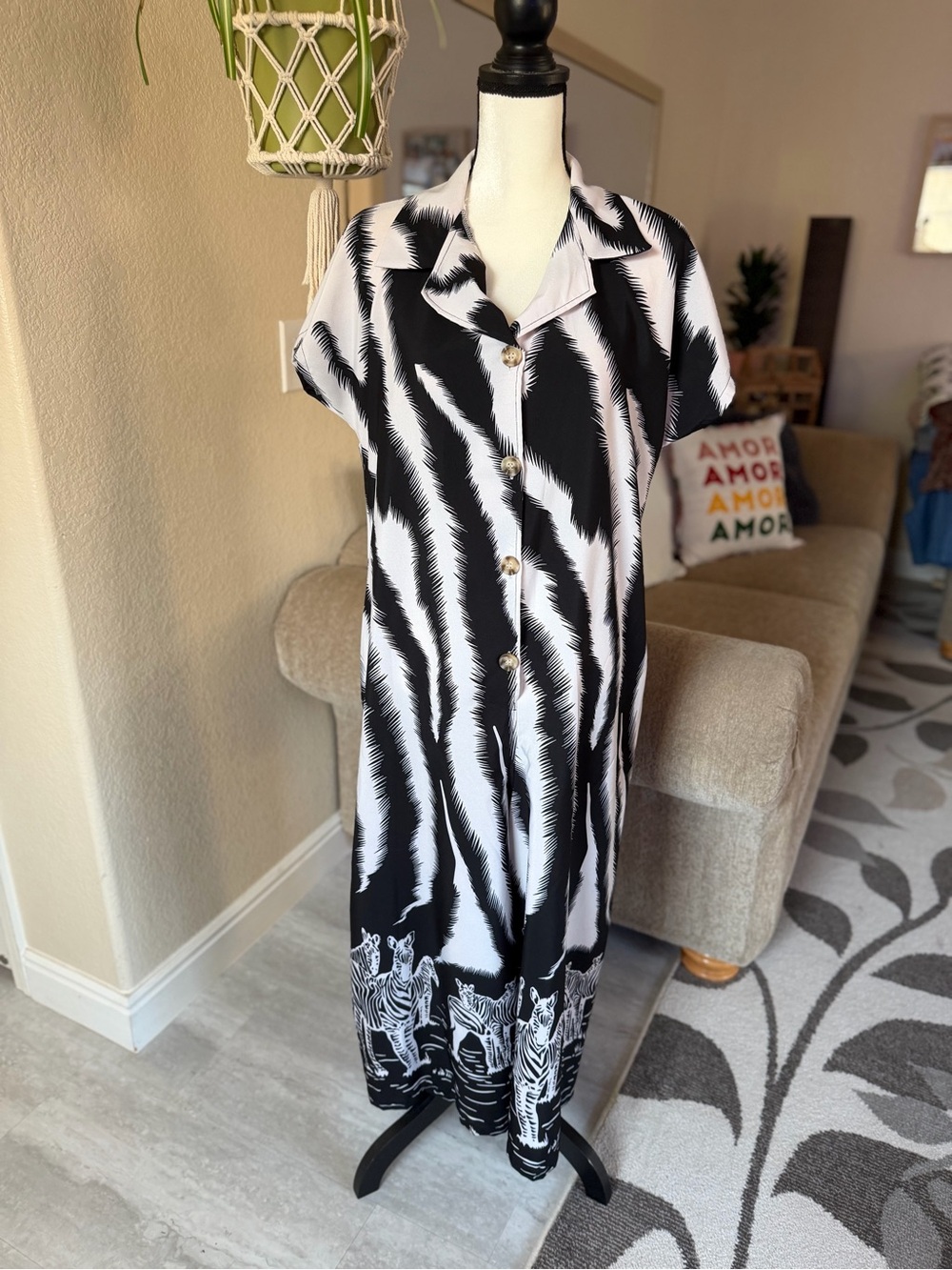 Hana Closet Black and White Palm-Print Jumpsuit